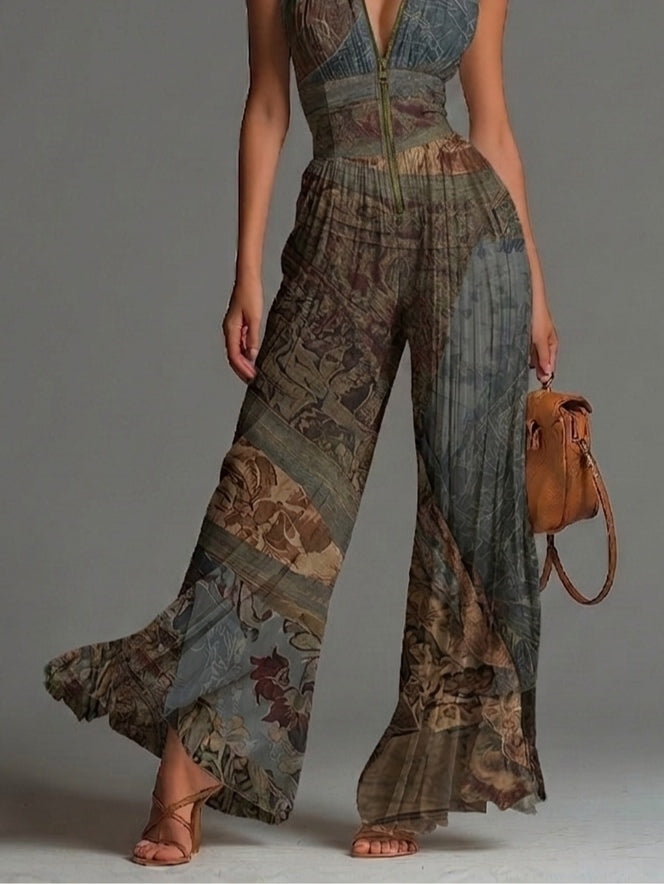 Mono bohemio de gasa plisada con estampado étnico y cremallera, pierna ancha