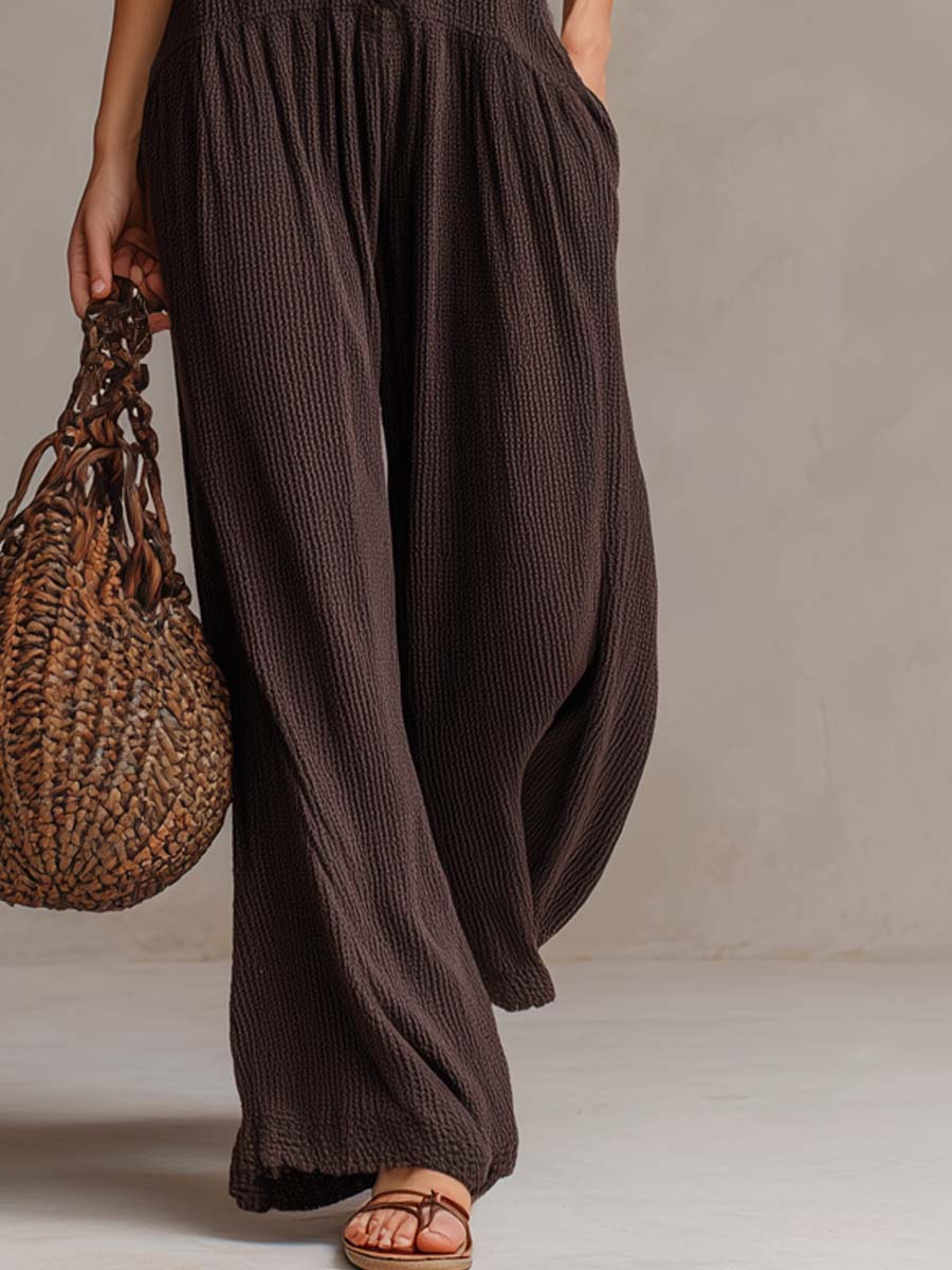 Mono retro con volantes, cuello en V y pierna ancha