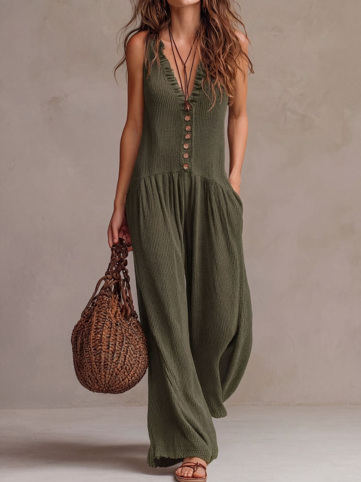 Mono retro con volantes, cuello en V y pierna ancha