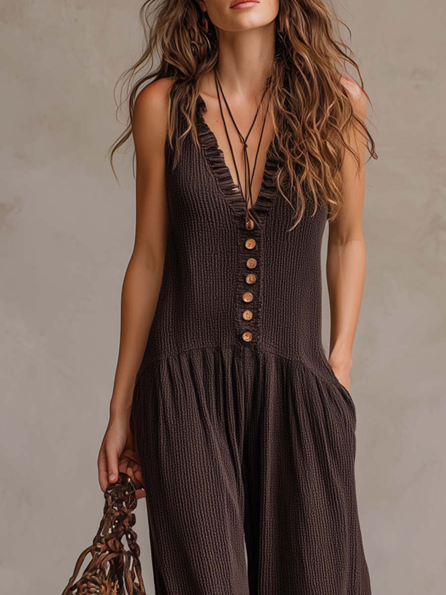 Mono retro con volantes, cuello en V y pierna ancha