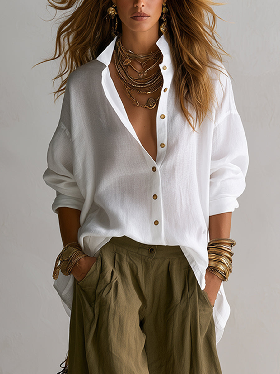 Conjunto de camisa blanca holgada y pantalón verde ancho tipo farol