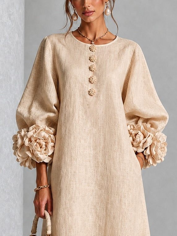 Vestido midi abotonado de flores en beige con puños de flores