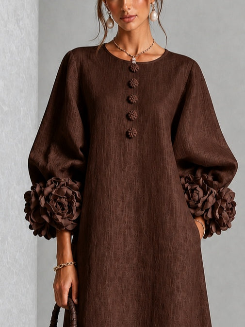 Vestido midi abotonado de flores en marrón chocolate con puños de flores