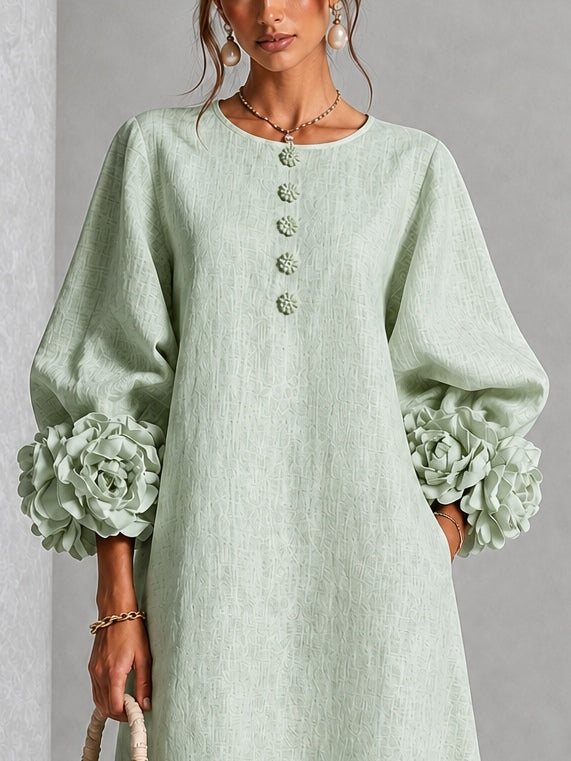 Vestido midi abotonado de flores en verde salvia con puños de flores