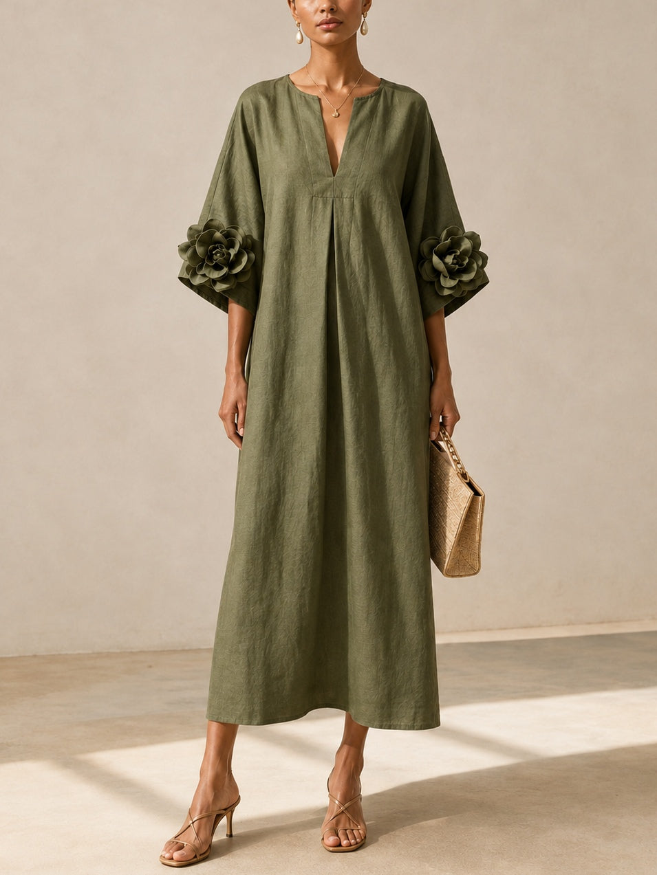 Vestido midi verde oliva con escote en pico y puños de flores