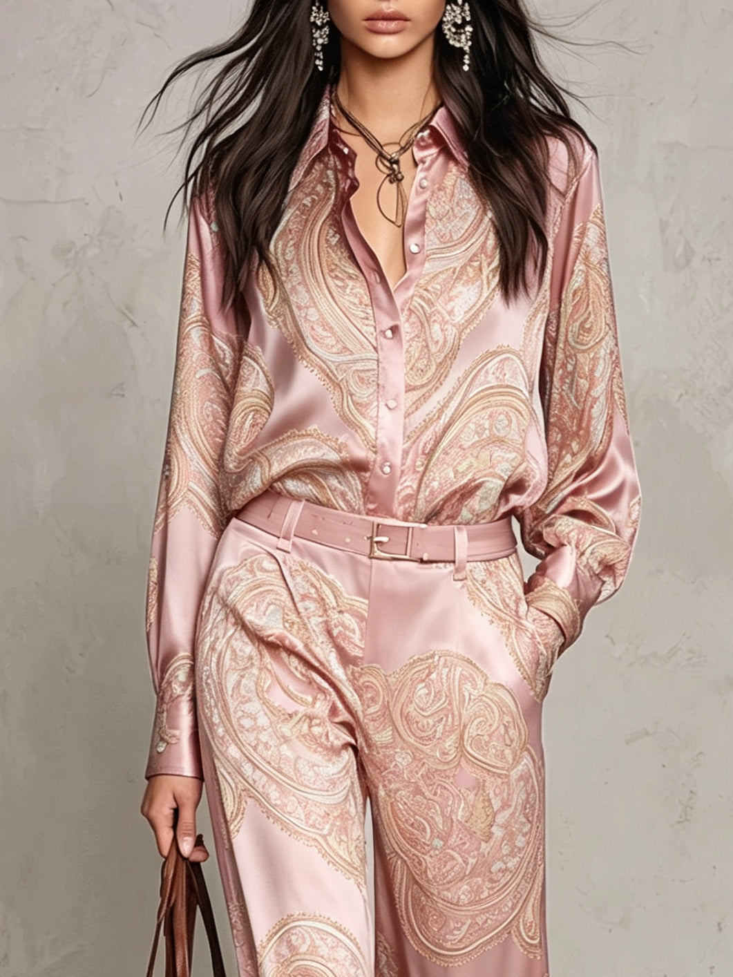 Conjunto de camisa de raso rosa con estampado cachemira y pantalón ancho (con cinturón)