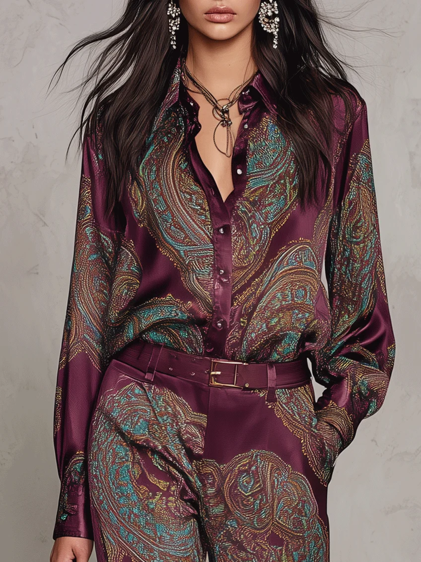 Conjunto de camisa de raso de manga larga con estampado cachemira burdeos-morado y pantalón ancho (con cinturón)