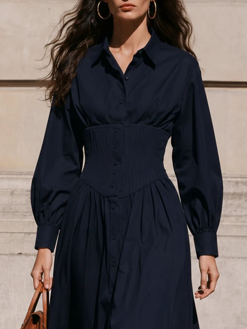 Vestido camisero midi azul marino con cintura de corsé