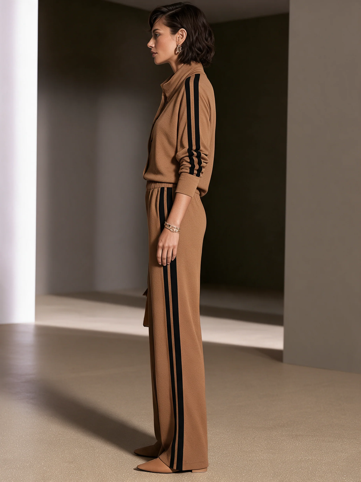 Conjunto de chaqueta cruzada con bloques de color y pantalón ancho