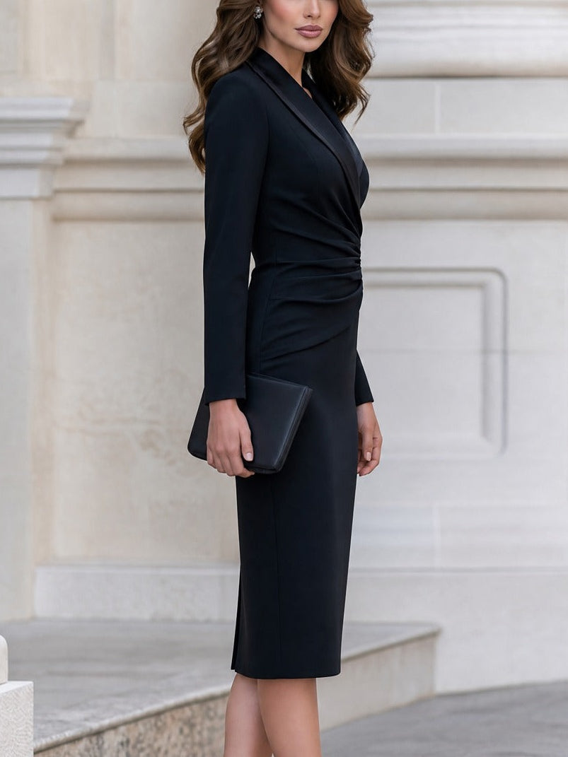 Vestido midi negro tipo blazer con solapa, manga larga y fruncido