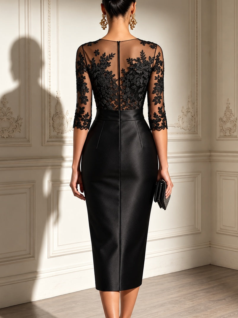 Vestido midi negro de raso con mangas de tul y encaje y lazo