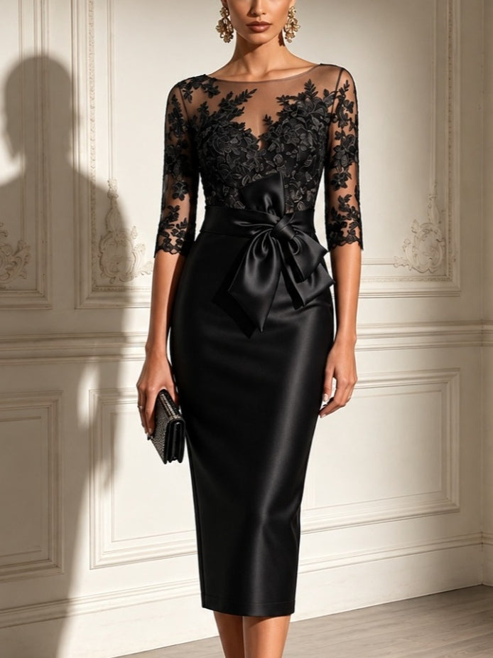 Vestido midi negro de raso con mangas de tul y encaje y lazo