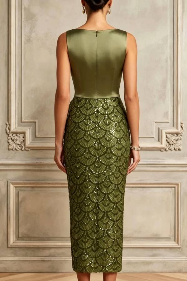 Vestido midi verde oliva de raso con lentejuelas y cuello barco