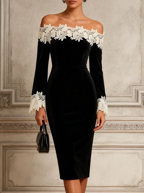 Vestido midi negro de terciopelo y encaje floral con hombros descubiertos