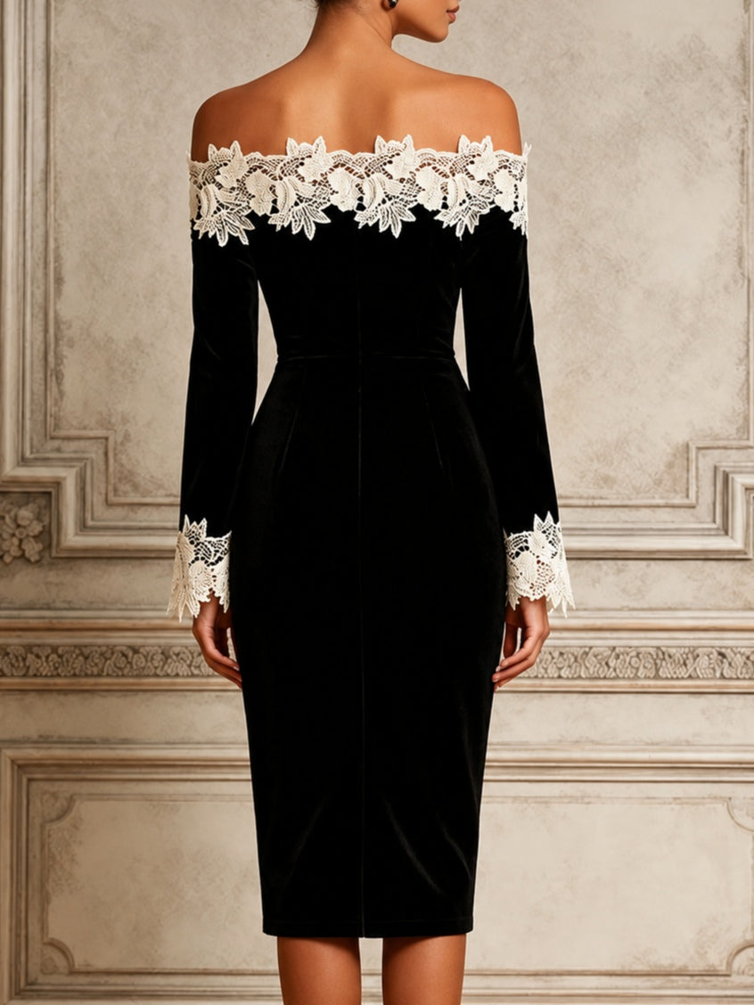 Vestido midi negro de terciopelo y encaje floral con hombros descubiertos
