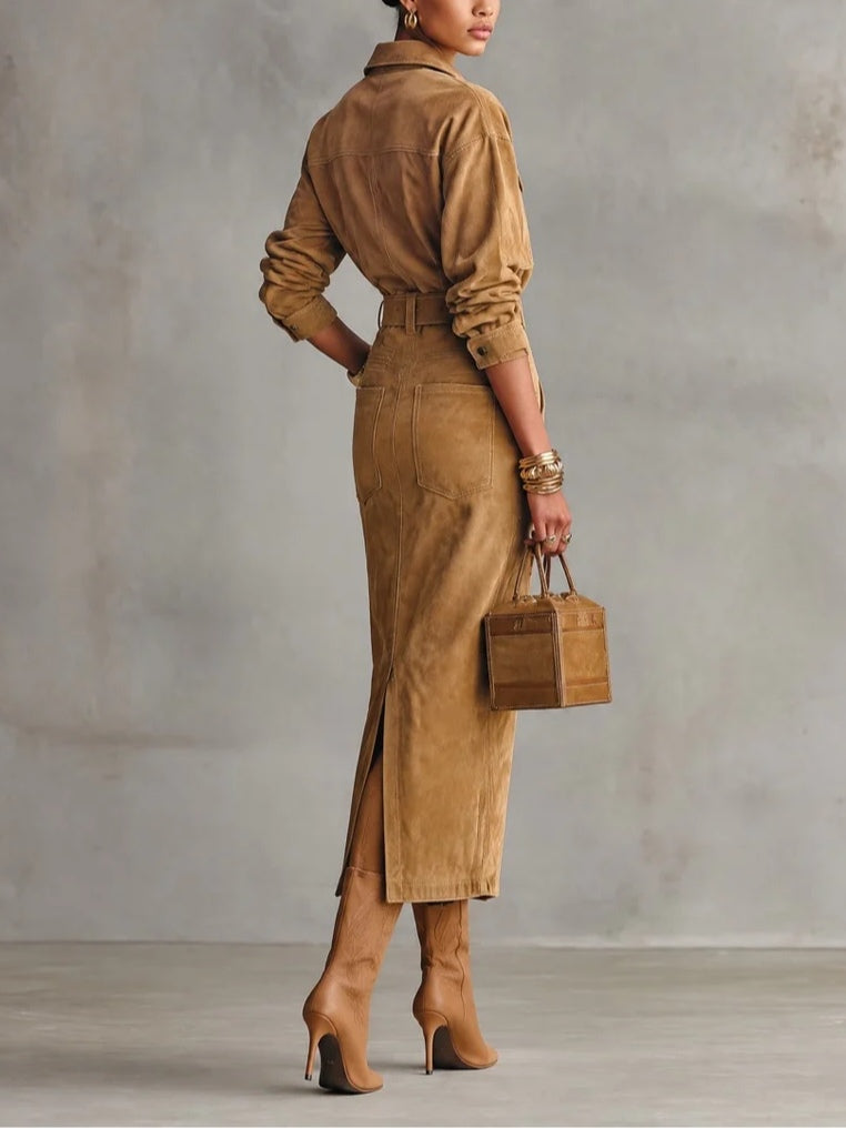 Vestido camisero midi de ante sintético marrón con cinturón