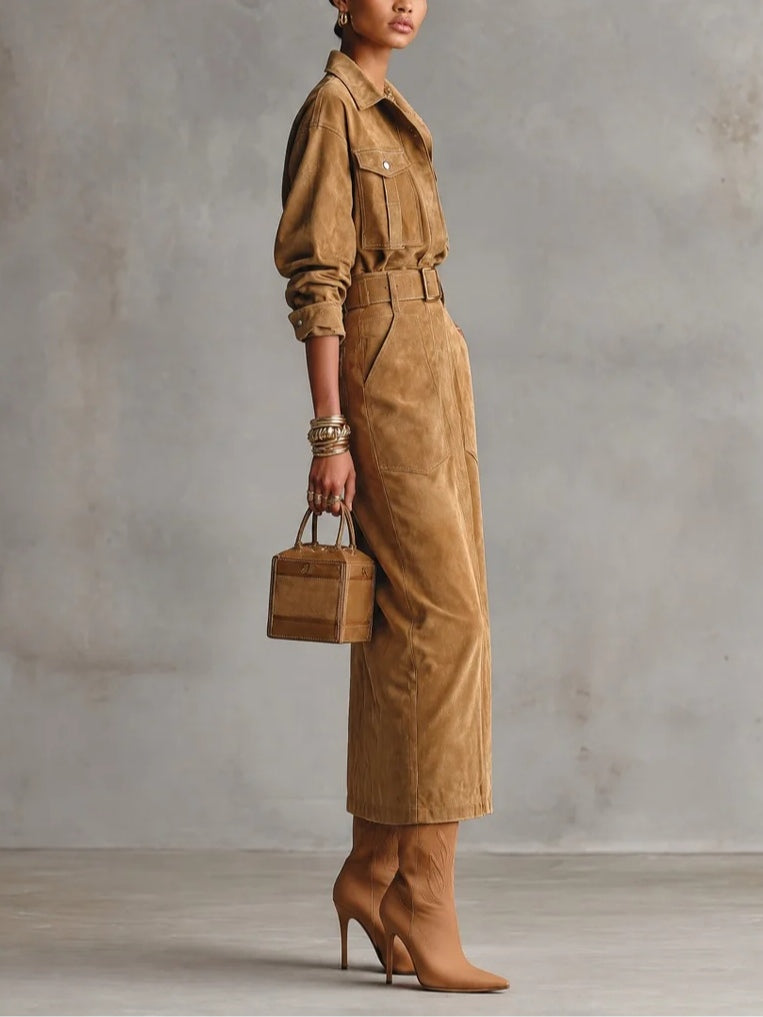 Vestido camisero midi de ante sintético marrón con cinturón