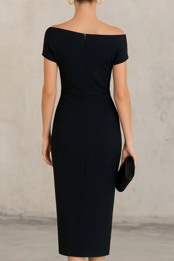 Vestido midi elegante plisado de manga corta y corte ajustado