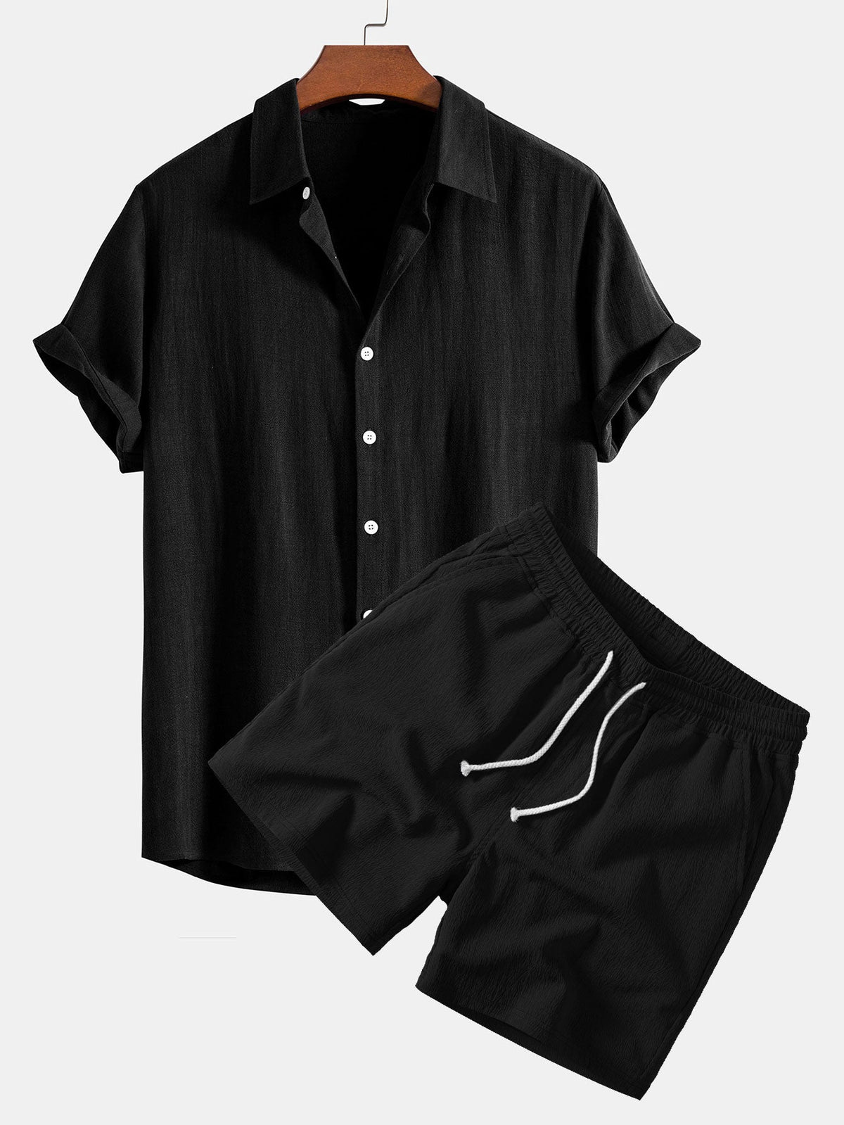 Camisa de Botones de Mezcla de Lino y Rayón & Pantalones cortos con Cordón de 5" con Textura Arrugada