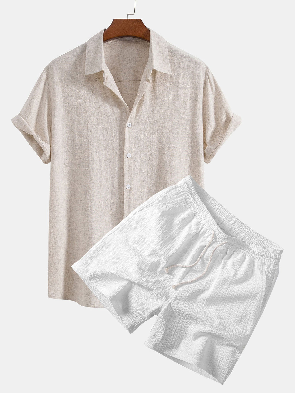 Camisa de Botones de Mezcla de Lino y Rayón & Pantalones cortos con Cordón de 5" con Textura Arrugada