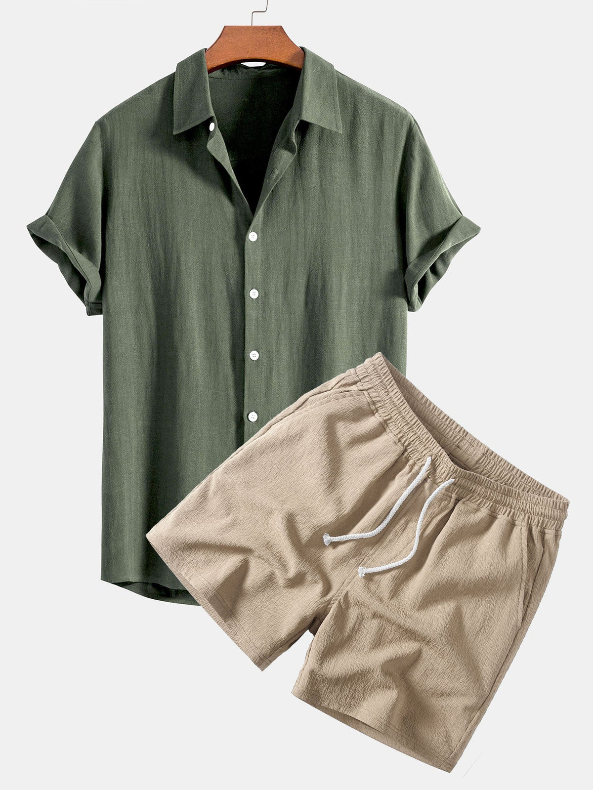Camisa de Botones de Mezcla de Lino y Rayón & Pantalones cortos con Cordón de 5" con Textura Arrugada