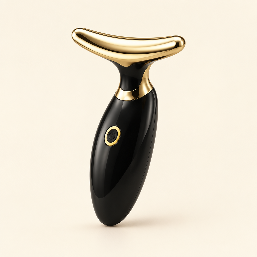 Imagen ilustrativa de masajeador facial negro con cabezal dorado sobre fondo claro