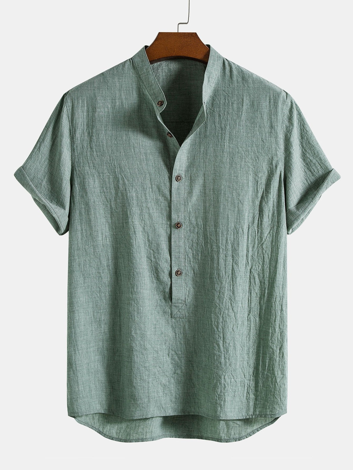 Camisa Henley con Medio Botón y Cuello con Tapeta y Pantalones de Lino de Pierna Recta