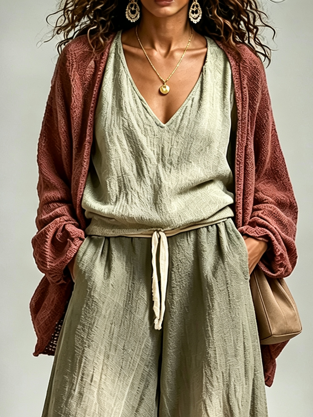 Conjunto casual de tres piezas: camiseta de tirantes, pantalón harén y cárdigan de punto