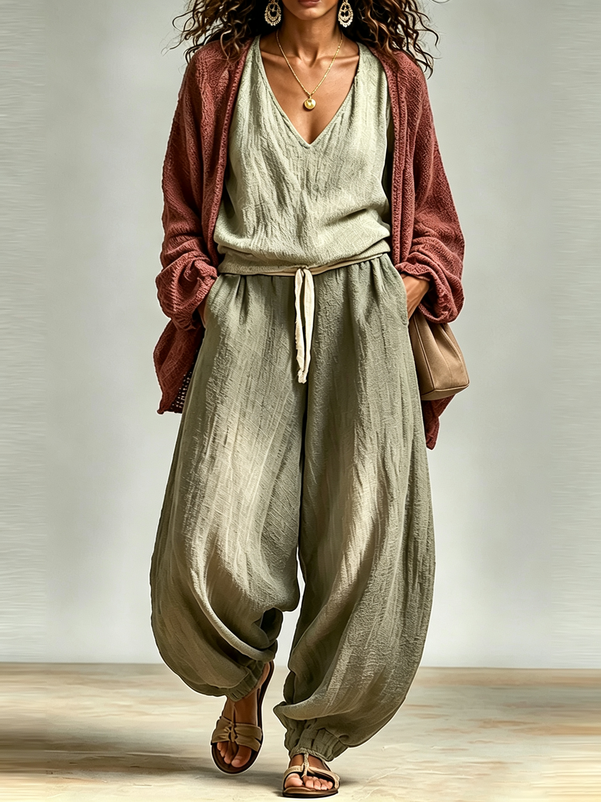 Conjunto casual de tres piezas: camiseta de tirantes, pantalón harén y cárdigan de punto