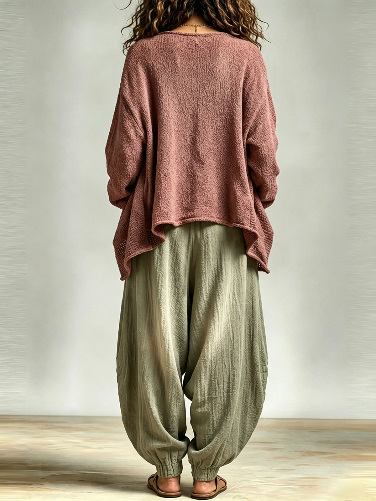 Conjunto casual de tres piezas: camiseta de tirantes, pantalón harén y cárdigan de punto