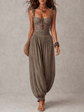 Conjunto gris de top bandeau de encaje y pantalón harén plisado de algodón
