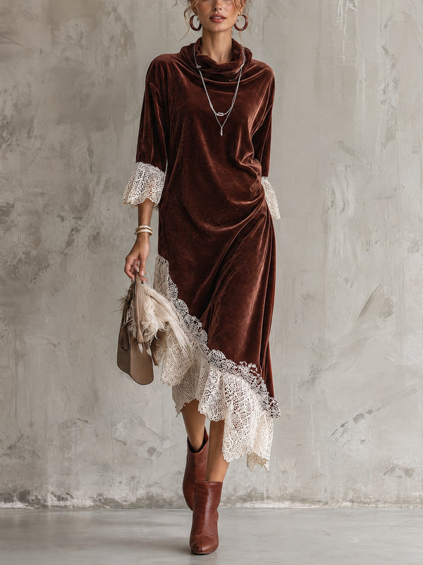 Vestido midi marrón de terciopelo con paneles de encaje en el bajo