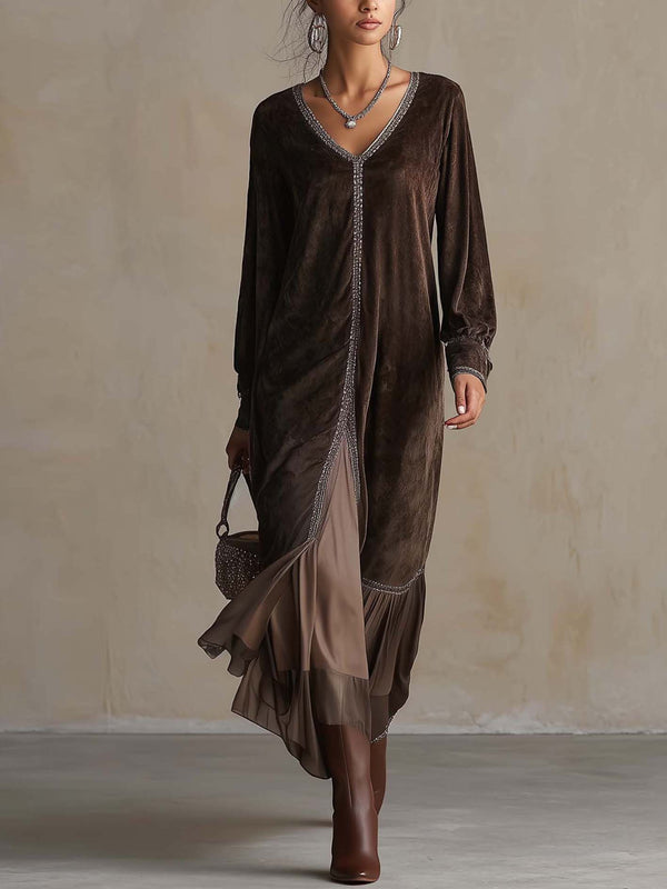 Vestido midi holgado de ante sintético con escote en pico y ribete