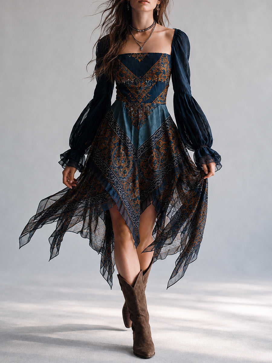 Vestido azul marino bohemio con estampado de cachemira y bajo de pañuelo