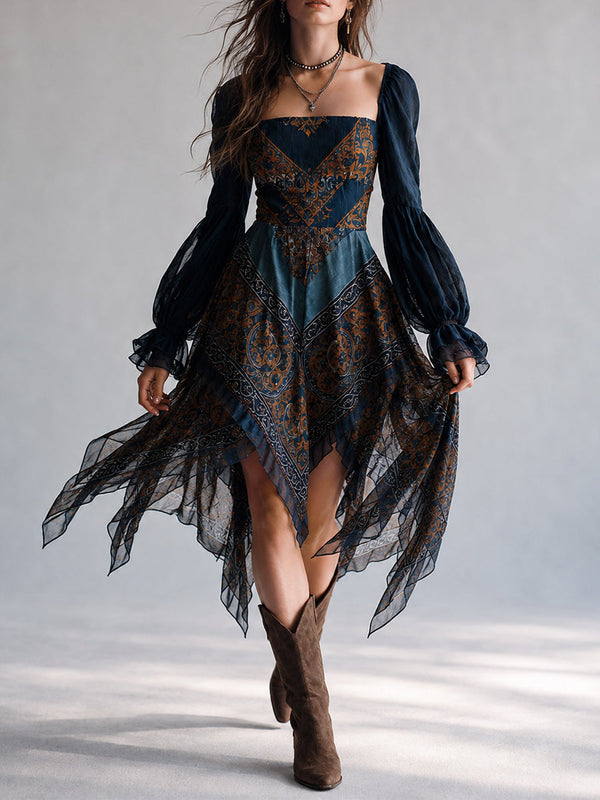 Vestido azul marino bohemio con estampado de cachemira y bajo de pañuelo