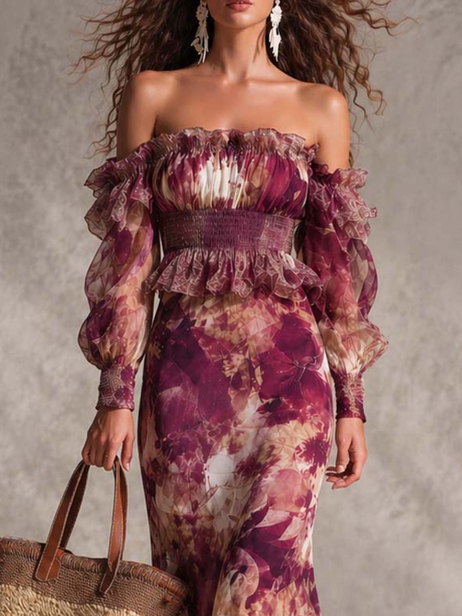 Vestido largo de gasa con flores rosas y hombros descubiertos