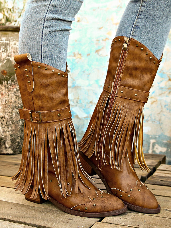 Botas de montar retro con flecos, remaches y cinturón