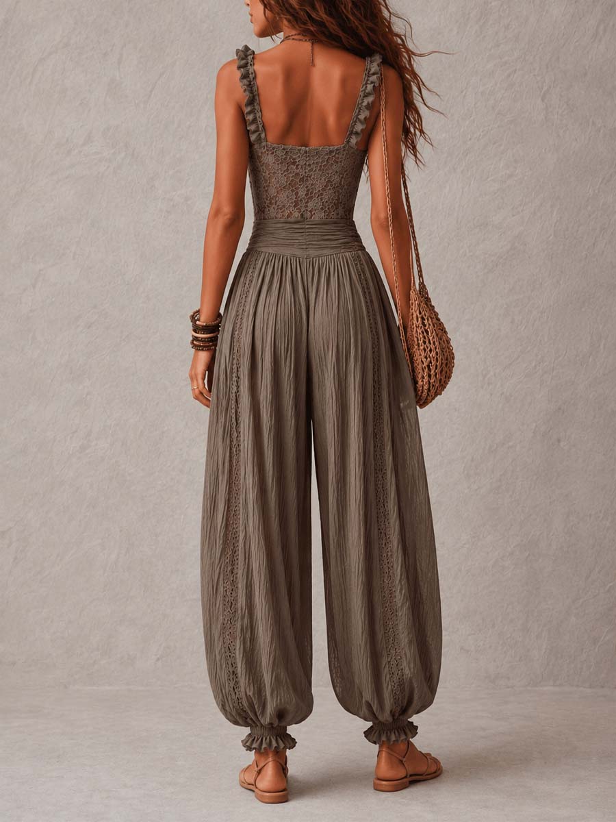 Conjunto gris de top bandeau de encaje y pantalón harén plisado de algodón