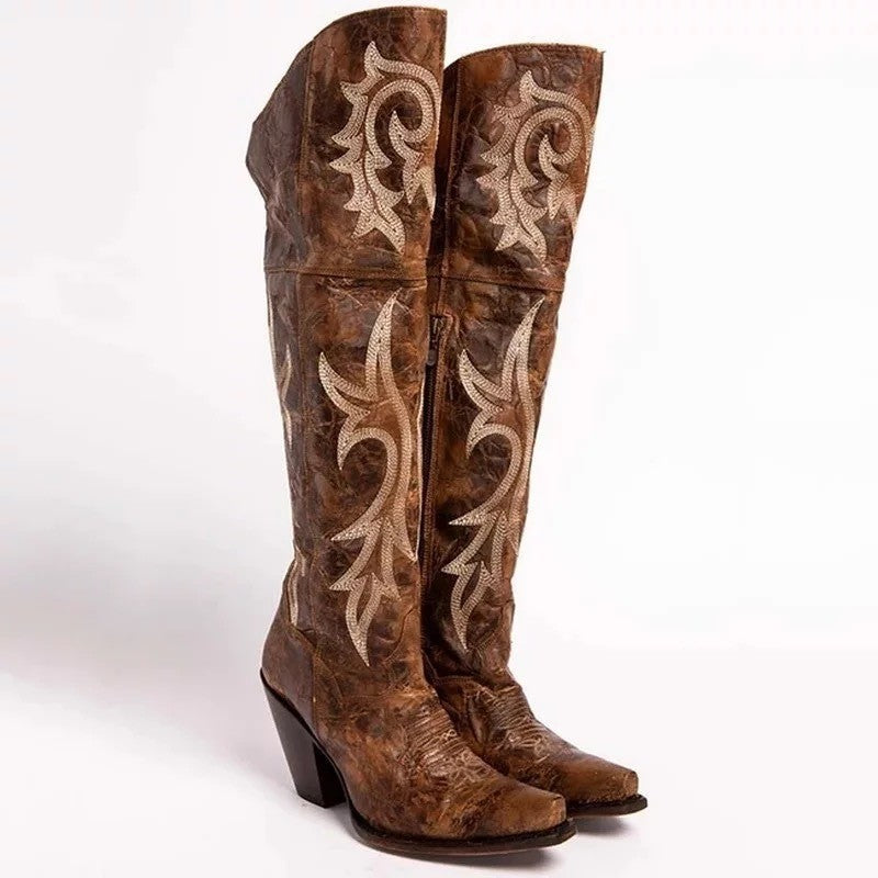 Botas altas retro estampadas con tacón grueso