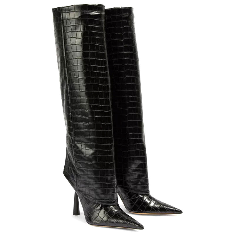 Botas de tacón de aguja con puntera en punta y estampado piedra