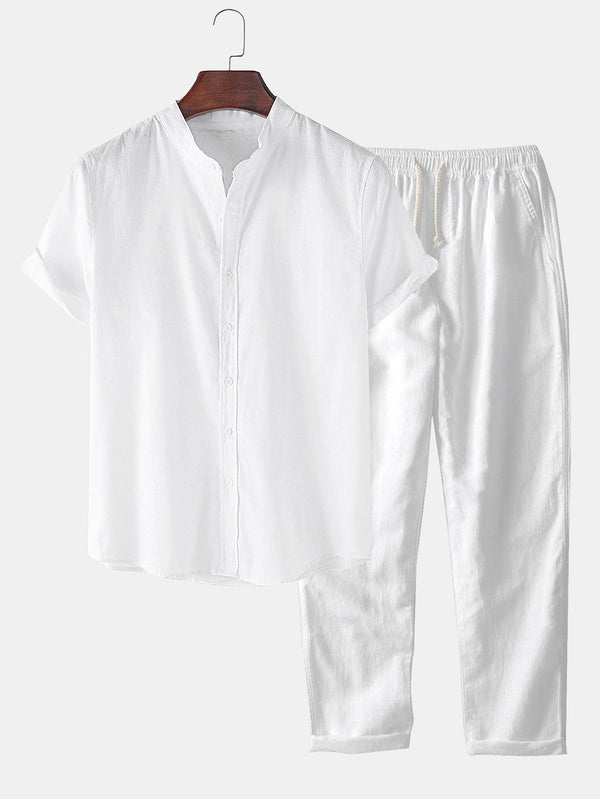 Camisas básicas de manga corta con aspecto de lino y Pantalones de lino de pierna recta