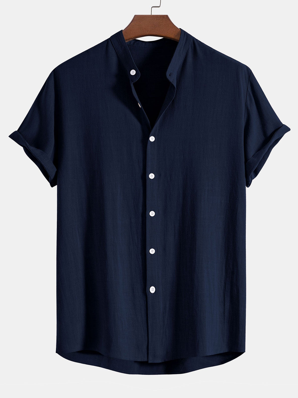 Camisa con Cuello de Pie de Mezcla de Lino y Rayón y Pantalones de Lino de Pierna Recta