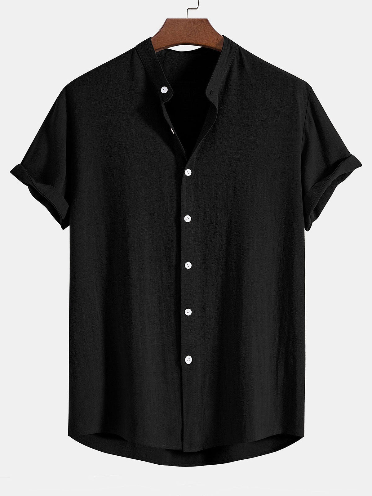 Camisa con Cuello de Pie de Mezcla de Lino y Rayón y Pantalones de Lino de Pierna Recta