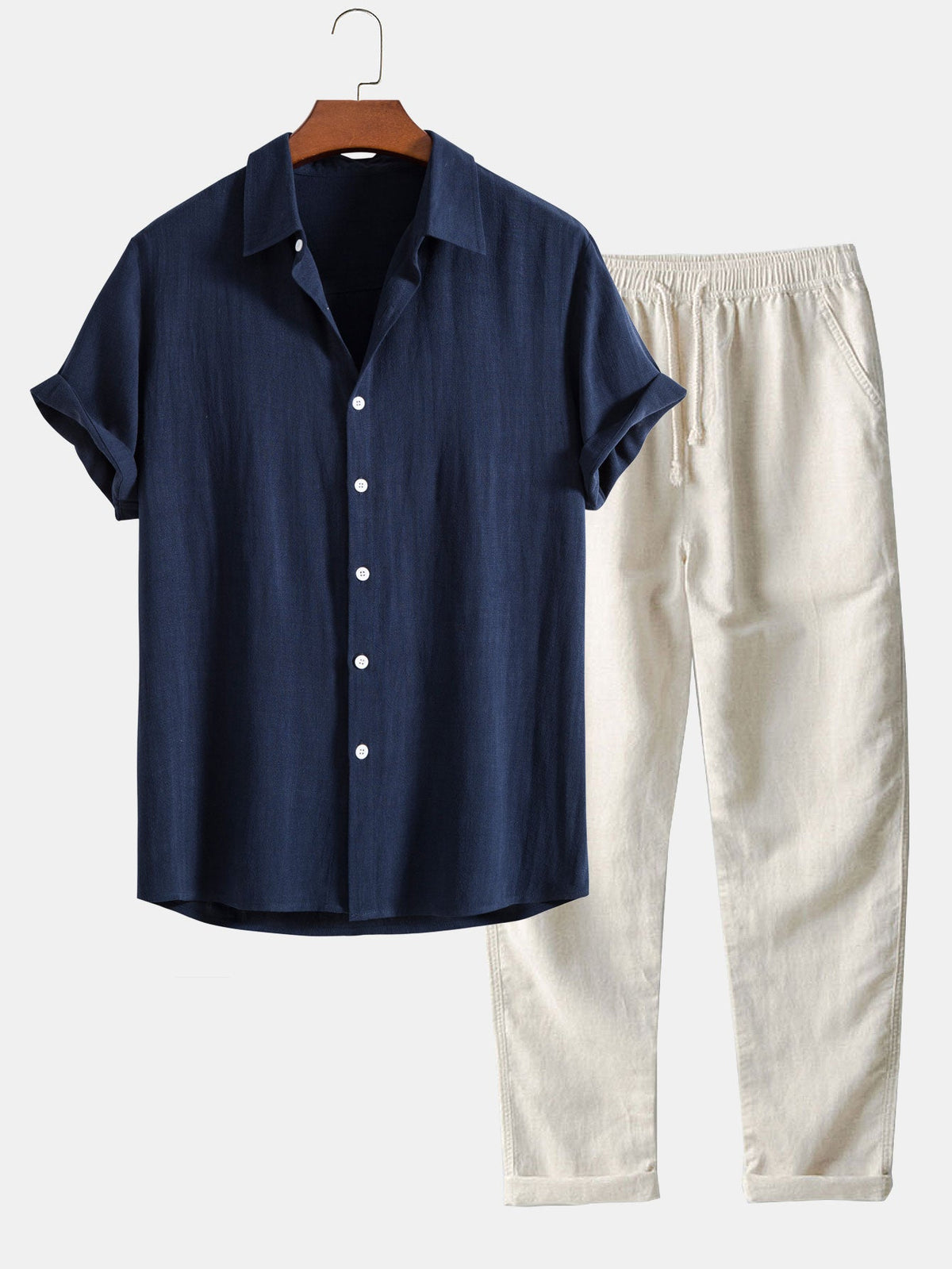 Camisa de Botones de Mezcla de Lino y Rayón y Pantalones de Lino de Pierna Recta
