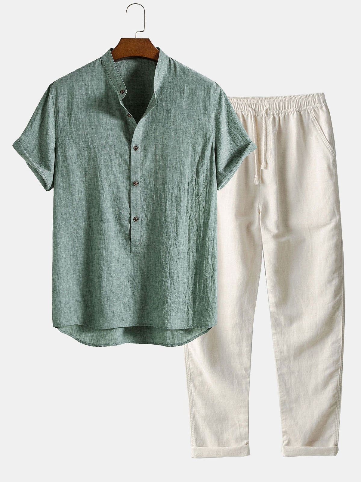 Camisa Henley con Medio Botón y Cuello con Tapeta y Pantalones de Lino de Pierna Recta