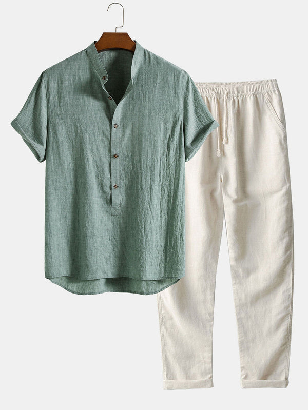 Camisa Henley con Medio Botón y Cuello con Tapeta y Pantalones de Lino de Pierna Recta