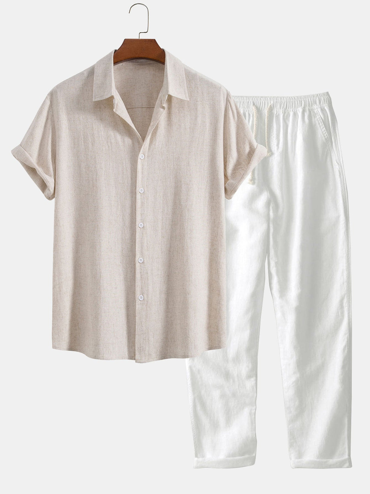 Camisa de Botones de Mezcla de Lino y Rayón y Pantalones de Lino de Pierna Recta