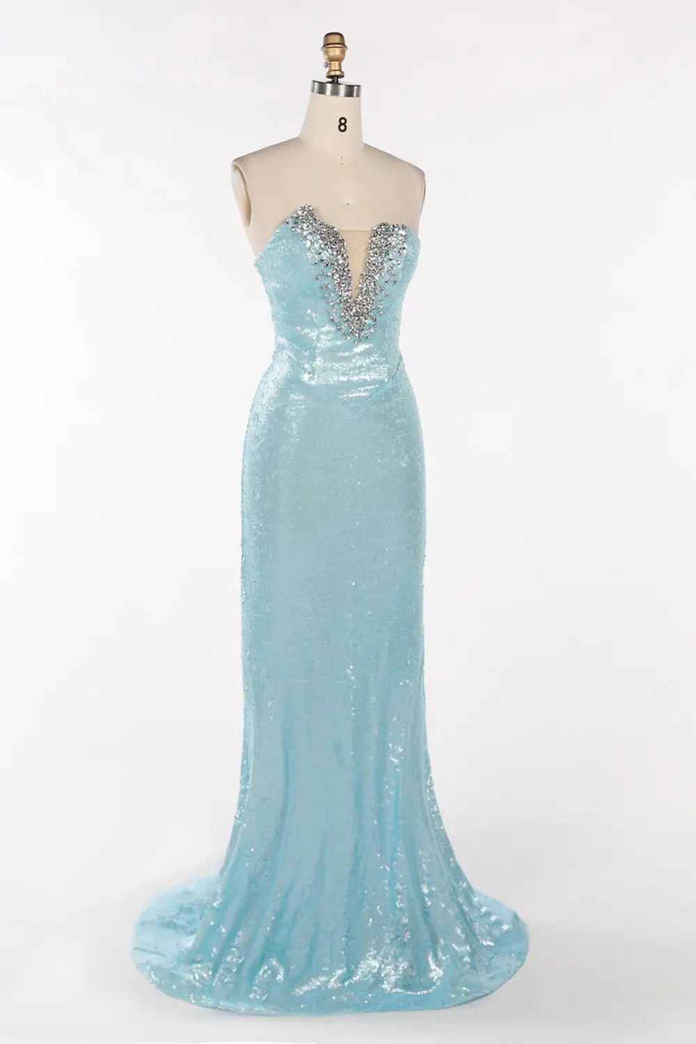 Vestido de noche azul palabra de honor con lentejuelas y abalorios