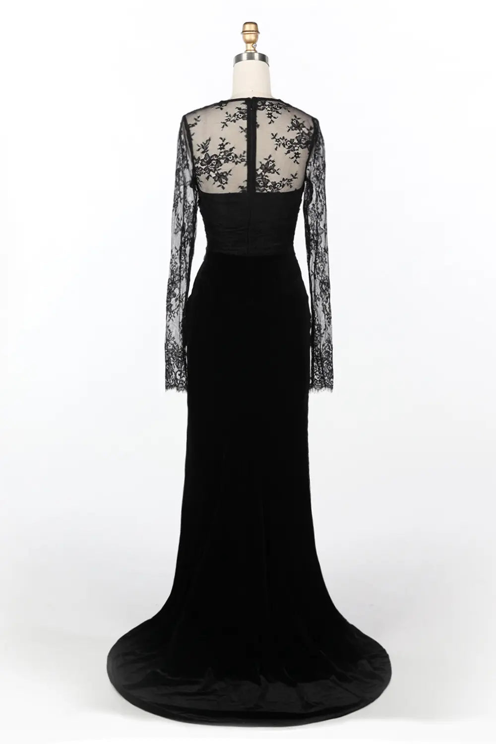 Vestido de noche negro de sirena con mangas de encaje y abalorios