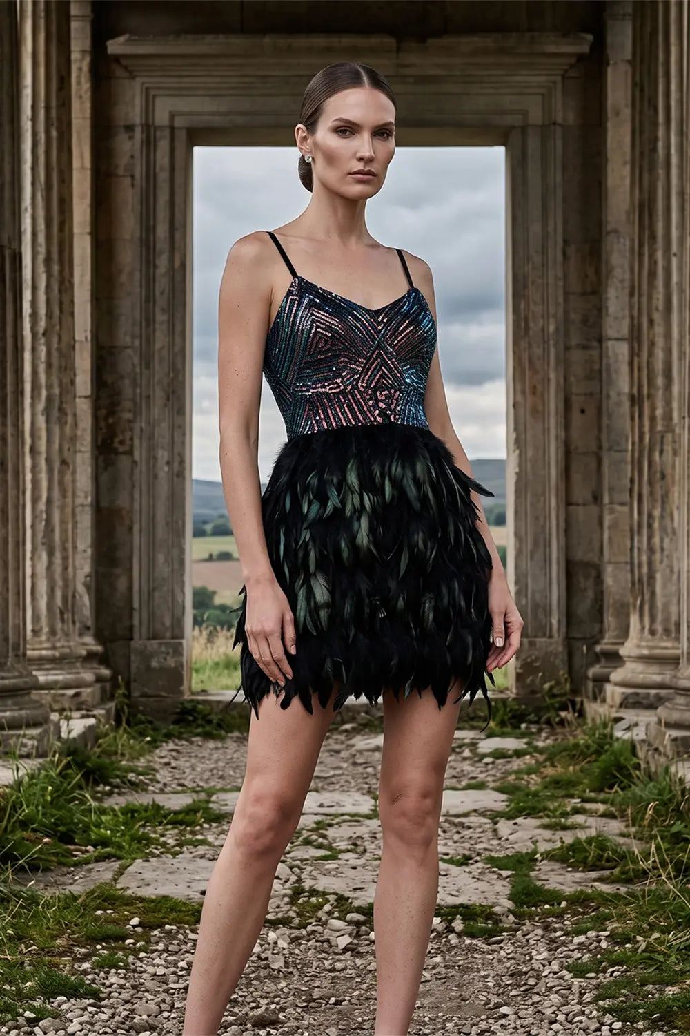 Vestido corto negro de tirantes con corpiño de lentejuelas iridiscentes y plumas